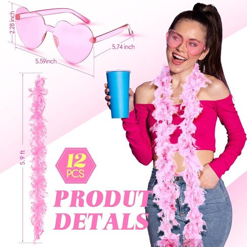 Yunsailing 12 Pcs Pink Feather Boas for Party Boas Bulk Heart Shaped Sunglasses Trendy Pink Heart Glasses 6ft Boas Feather Costume Women Girls Dress up Wedding Bachelor Birthday Party Favors in Saudi Arabia