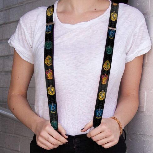 Buckle-Down Suspenders-Hogwarts & 4-House Crests/Filigree Black/Gray in Saudi Arabia