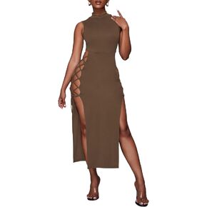 LYANER Women's Mock Neck Cut Out Side Lace Up Sleeveless Bodycon Maxi Tank Dress