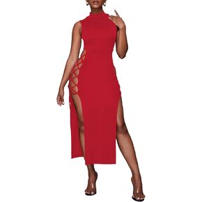 LYANER Women's Mock Neck Cut Out Side Lace Up Sleeveless Bodycon Maxi Tank Dress