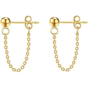 Minimalist Ball Bead Tassel Chain Drop Dangle Earrings for Women Girls S925 Sterling Silver Tiny Balls Stud Tragus Cartilage Hypoallergenic Pierced Ear Fashion Punk Jewelry