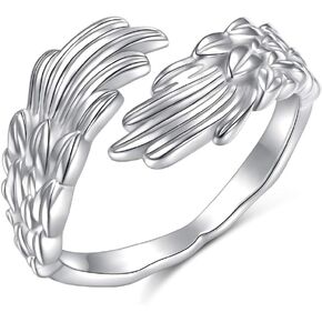Ladytree Feather Angel Wings Adjustable Memorial Dainty Sterling Silver Open Thumb Ring for Women Men Loss of Mom Dad Daughter Loved Ones Mother's Day Sympathy Memory Jewelry Gifts