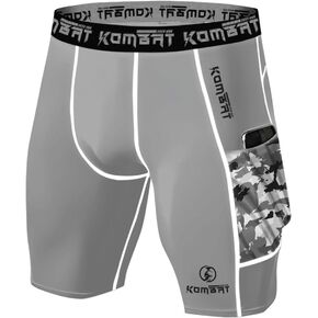 KOMBAT USA Compression Shorts Pro Grey and Black for Men | Running Shorts | Men Athletic Breathable Shorts with Pockets
