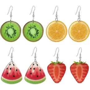 DAMLENG 4 Pairs Charm Sparkly Resin Fruits Dangle Drop Earrings Sets Lightweight Cute Boho Cherry Pineapple Dangle Earrings For Women Girls Jewelry