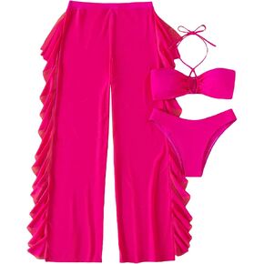 طقم بيكيني نسائي مكون من 3 قطع من MakeMeChic مع غطاء شفاف مكشكش