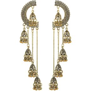 Multiple Jhumki Bell Beaded Long Chain Tassel Big Dangle Earrings for Women Girls Fashion Personalized Bohemian Vintage Indian Chandelier Large Statement Drop Half Circle Stud Earring Exaggerate Dangling Hypoallergenic Traditional Jewelry Gifts