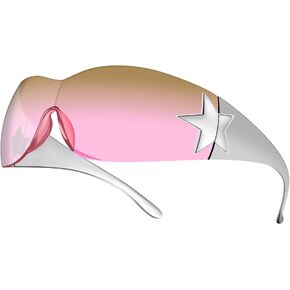 Rmerom Y2K Sunglasses for Women,Rimless Shield Wrap Around Sunglasses 2000S Trendy Oversized Fashion Y2K Glasses Shades