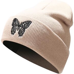 Jolife Butterfly Embroidered Cuffed Beanie Hat Unisex Knitted Skull Cap Double Layer Winter Hats, Beige One Size-Large in Kuwait