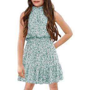 KunLunMen Floral Girls Dresses Age 5-14 Years Kids Summer Outfits Casual Halter Sleeveless Cute Short Sun Dresses