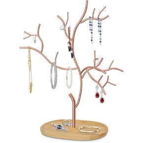 شجرة حامل مجوهرات معلقة معدنية من Lxmons، حامل منظم لأساور القلادة مع صينية طبق من الخيزران لعرض الأقراط، رف برج مجوهرات قائم بذاته لساعة إكسسوارات الشعر الدائري، ذهبي in Kuwait