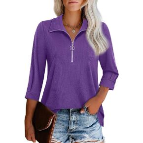 Vivilli Womens Tops Dressy Casual 3/4 Length Sleeve V Neck Shirts and Blouses Zipper Collar Women Polo Shirts in Kuwait