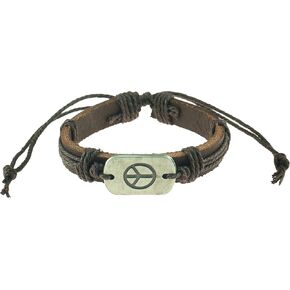 BlueRica Antique Silver Color Dog Tag with Engraved Peace on Adjustable Leather and Cord Bracelet (Brown) in Saudi Arabia