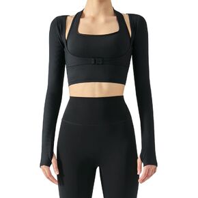 Women's Stretch Cutout Yoga Sports Jacket Long Sleeve Crop Top T Shirts with Thumb Holes