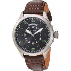 Invicta Men's Aviator Stainless Steel Quartz Watch with Leather Calfskin Strap, Black, Brown, 21 (Model: 22972, 22973) in Saudi Arabia