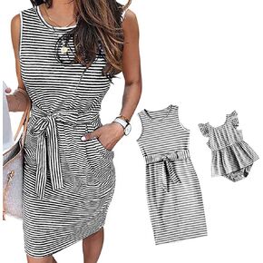 IFFEI Mommy and Me Dresses Womens Summer Sleeveless Striped Girls Dress Casual Tie Waist Mini Matching Family Dresses