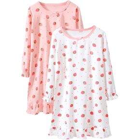 BANGSAUR Girls' Cotton Dress, Strawberry Long Sleeve Dresses, 2 Pack 3-15 Years