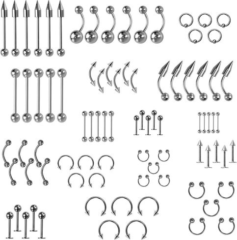 MZLYQ 85Pcs Body Piercing Jewelry,Stainless Steel Nose Lip Tongue Cartilage Tragus Eyebrow Industrial Barbell Belly Button Rings for all Body piercings Jewelry Set in Saudi Arabia