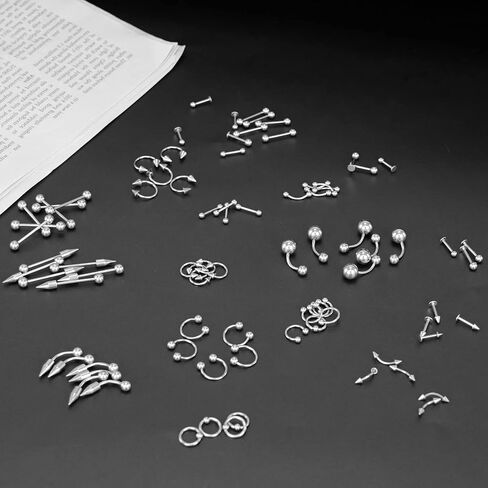 MZLYQ 85Pcs Body Piercing Jewelry,Stainless Steel Nose Lip Tongue Cartilage Tragus Eyebrow Industrial Barbell Belly Button Rings for all Body piercings Jewelry Set in Saudi Arabia