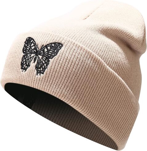 Jolife Butterfly Embroidered Cuffed Beanie Hat Unisex Knitted Skull Cap Double Layer Winter Hats, Beige One Size-Large in Kuwait