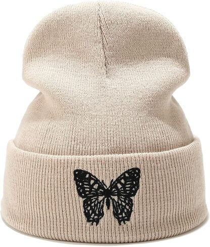 Jolife Butterfly Embroidered Cuffed Beanie Hat Unisex Knitted Skull Cap Double Layer Winter Hats, Beige One Size-Large in Kuwait