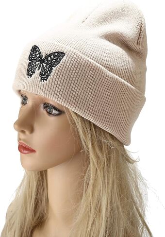 Jolife Butterfly Embroidered Cuffed Beanie Hat Unisex Knitted Skull Cap Double Layer Winter Hats, Beige One Size-Large in Kuwait