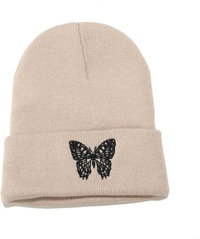 Jolife Butterfly Embroidered Cuffed Beanie Hat Unisex Knitted Skull Cap Double Layer Winter Hats, Beige One Size-Large in Kuwait