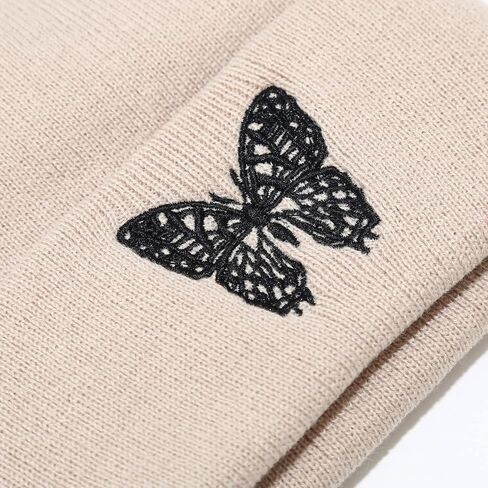 Jolife Butterfly Embroidered Cuffed Beanie Hat Unisex Knitted Skull Cap Double Layer Winter Hats, Beige One Size-Large in Kuwait
