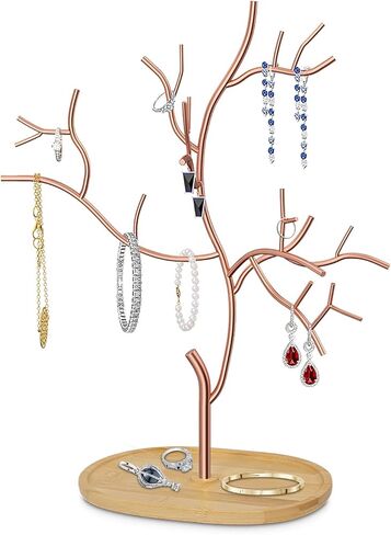 شجرة حامل مجوهرات معلقة معدنية من Lxmons، حامل منظم لأساور القلادة مع صينية طبق من الخيزران لعرض الأقراط، رف برج مجوهرات قائم بذاته لساعة إكسسوارات الشعر الدائري، ذهبي in Kuwait