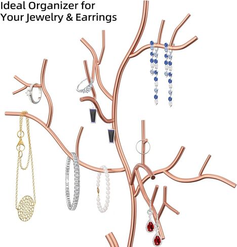 شجرة حامل مجوهرات معلقة معدنية من Lxmons، حامل منظم لأساور القلادة مع صينية طبق من الخيزران لعرض الأقراط، رف برج مجوهرات قائم بذاته لساعة إكسسوارات الشعر الدائري، ذهبي in Kuwait