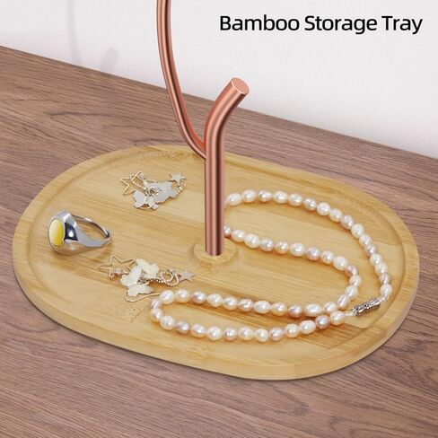 شجرة حامل مجوهرات معلقة معدنية من Lxmons، حامل منظم لأساور القلادة مع صينية طبق من الخيزران لعرض الأقراط، رف برج مجوهرات قائم بذاته لساعة إكسسوارات الشعر الدائري، ذهبي in Kuwait