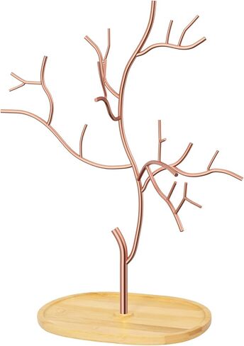 شجرة حامل مجوهرات معلقة معدنية من Lxmons، حامل منظم لأساور القلادة مع صينية طبق من الخيزران لعرض الأقراط، رف برج مجوهرات قائم بذاته لساعة إكسسوارات الشعر الدائري، ذهبي in Kuwait