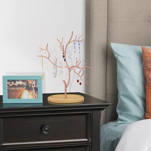 شجرة حامل مجوهرات معلقة معدنية من Lxmons، حامل منظم لأساور القلادة مع صينية طبق من الخيزران لعرض الأقراط، رف برج مجوهرات قائم بذاته لساعة إكسسوارات الشعر الدائري، ذهبي in Kuwait