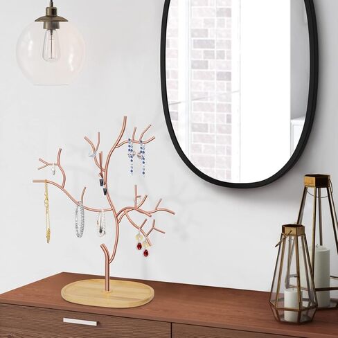 شجرة حامل مجوهرات معلقة معدنية من Lxmons، حامل منظم لأساور القلادة مع صينية طبق من الخيزران لعرض الأقراط، رف برج مجوهرات قائم بذاته لساعة إكسسوارات الشعر الدائري، ذهبي in Kuwait