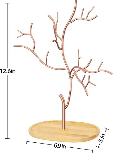 شجرة حامل مجوهرات معلقة معدنية من Lxmons، حامل منظم لأساور القلادة مع صينية طبق من الخيزران لعرض الأقراط، رف برج مجوهرات قائم بذاته لساعة إكسسوارات الشعر الدائري، ذهبي in Kuwait