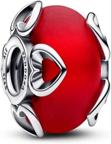 PANDORA Frosted Red Murano Glass & Hearts Charm - Compatible Moments Bracelets - Jewelry for Women - Gift for Women in Your Life - Made with Sterling Silver in Saudi Arabia