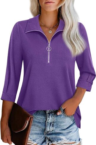 Vivilli Womens Tops Dressy Casual 3/4 Length Sleeve V Neck Shirts and Blouses Zipper Collar Women Polo Shirts in Kuwait