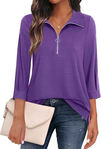 Vivilli Womens Tops Dressy Casual 3/4 Length Sleeve V Neck Shirts and Blouses Zipper Collar Women Polo Shirts in Kuwait