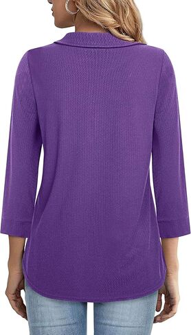 Vivilli Womens Tops Dressy Casual 3/4 Length Sleeve V Neck Shirts and Blouses Zipper Collar Women Polo Shirts in Kuwait