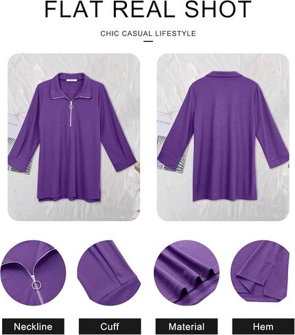 Vivilli Womens Tops Dressy Casual 3/4 Length Sleeve V Neck Shirts and Blouses Zipper Collar Women Polo Shirts in Kuwait