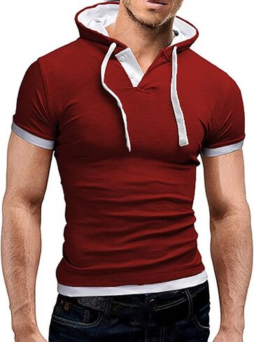 تي شيرت رجالي بقلنسوة بأكمام قصيرة من HHGKED مصنوع من القطن الرياضي بقلنسوة in Kuwait