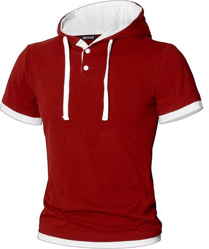 تي شيرت رجالي بقلنسوة بأكمام قصيرة من HHGKED مصنوع من القطن الرياضي بقلنسوة in Kuwait