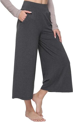 GYS Women's Wide Leg Capri Pants - Viscose Made from Bamboo, Lounge Crop Pants Yoga Sweatpants Soft Pajama Pants in Kuwait