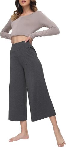 GYS Women's Wide Leg Capri Pants - Viscose Made from Bamboo, Lounge Crop Pants Yoga Sweatpants Soft Pajama Pants in Kuwait