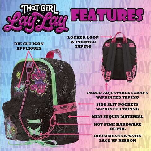 That Girl LayLay Mini Backpack PURSE for Girls, 10 inch, Sequin Material with Lace Up Grommet Details & Appliqued Patches, Adjustable Shoulder Straps, Light Weight Travel bag for kids in Saudi Arabia