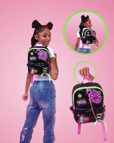 That Girl LayLay Mini Backpack PURSE for Girls, 10 inch, Sequin Material with Lace Up Grommet Details & Appliqued Patches, Adjustable Shoulder Straps, Light Weight Travel bag for kids in Saudi Arabia