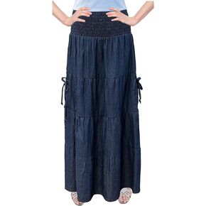 Baby'O Women's' Long Ankle Length Cargo Pocket Smocked Waist Summer Weight Denim Tiered Western Prairie Skirt