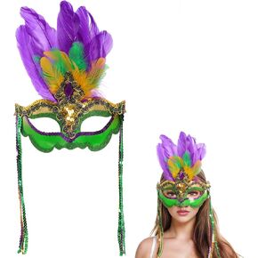 Savgkoyt Mardi Gras Mask for Women Adults, Carnival Face Masks with Feathers, Sequin Gold Purple Green Decorations Color for Masquerade Halloween Cosplay Party in Kuwait