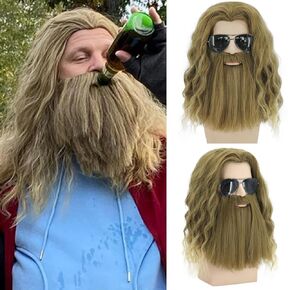 MAGQOO Golden Brown Wig with Beard Mustaches Men's Long Curly Wig Golden Brown Hair Wigs Halloween Cosplay Costume Party Wigs (Golden Brown)