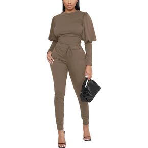 HBQ Women 2 Pieces Outfits Puff Sleeve Top And Jogger Pants Sweatpants Set Tracksuits