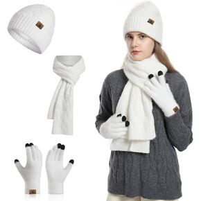 Winter Warm Beanie Hat Scarf and Touchscreen Gloves Set 3 in 1 Knit Caps Neck Scarves with Pom for Women in Saudi Arabia